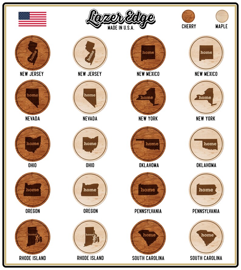 All 50 States Available Crafted from Cherry or Maple Wood Home State Map Coaster