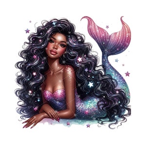 16 Clipart sirène noire, clipart aquarelle afro-américaine, sublimation sirène, magie fille noire, princesse noire, Clipart fille noire
