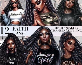12 Black Girl Christian Clipart, Black Woman Bible Clipart, Jesus and Faith Sublimation PNG, African American, Black Girl Journal Stickers