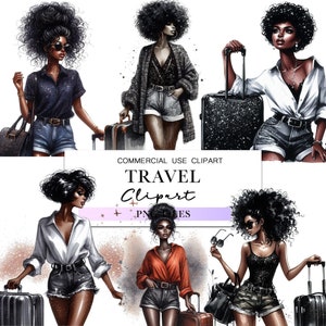 Imágenes prediseñadas de viaje de niña negra, imágenes prediseñadas de viaje de mujer negra, archivos PNG de sublimación, archivos PNG de maleta de vacaciones para planificador de diario con pegatinas