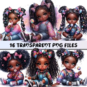 Bundle de cliparts fille noire, bébé fille noir PNG, clipart enfant en bas âge, clipart anniversaire bébé, sublimation afro-américaine, fille PNG, bébé mignon