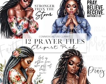 Faith Clipart, Black Woman Praying Clipart, Jesus and Faith Sublimation PNG Files, African American, Black Girl Clipart Bundle