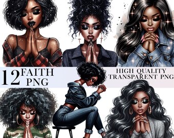 12 schwarze betende Frauen, schwarzes Mädchen Glaube Clipart, Jesus und Glaube Bibel Sublimation PNG Dateien, Afroamerikaner, schwarzes Mädchen Clipart Bundle