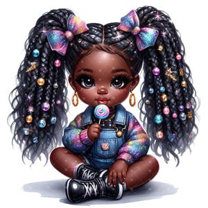 Klein zwart meisje, png-bestand. Schattig klein zwart meisje clipart, zwart jong meisje png, Chibi Black Girl png, trendy clip art Afro Braids sublimatie