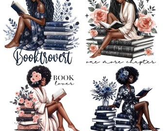 Black Girls Reading Clipart, Book Lover Clipart, Self Love Clipart, Black Girl Reading, Girl With Coffee Clipart, Black Girl Art Introvert