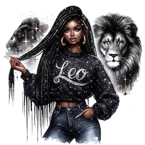Clipart femme noire du zodiaque. Signe du zodiaque Lion, sublimation du Lion, fichier PNG Lion Lion, Afro noir signe du Lion, astrologie PNG, femme noire png thumbnail