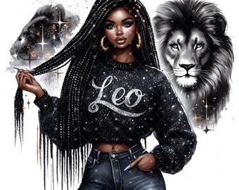 Black Woman Zodiac Clip Art. Leo Zodiac Sign, Leo Sublimation, Leo Lion PNG file, Black Afro Leo Sign, Astrology PNG,  Black Woman png