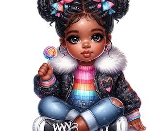 May include: A young girl with black braided hair and colorful bows sits with her legs crossed, wearing a black sparkly jacket with a rainbow striped sweater, blue jeans, and black sneakers. She is holding a colorful lollipop.