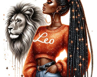 Leo Zodiac Clip Art. Leo Zodiac Sign, Leo Sublimation, Leo Lion PNG file, Black Afro Leo Sign, Astrology PNG, Leo Sign, Black Woman png