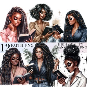 12 Black Girl Faith Clipart, Black Woman Bijbel Clipart, Jesus and Faith Sublimatie PNG-bestanden, African American, Black Girl Clipart-bundel