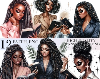 May include: Digital illustration of four women with braids and dark skin reading books. Each woman is wearing a different outfit and has a different hairstyle. The background is a white background with gold stars and crosses.