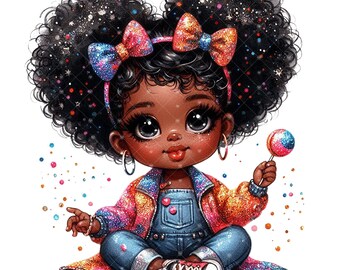 May include: A cartoon illustration of a young girl with large, dark brown eyes, wearing a sparkly orange and pink jacket, blue overalls, and pink and blue bow headbands. She has large, curly black hair and is holding a blue and pink lollipop.