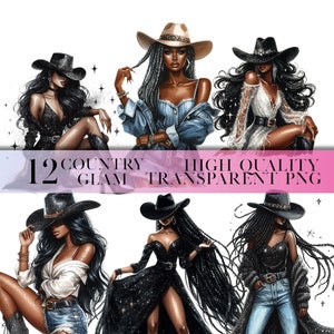 Schwarzes Land Mädchen Clipart, schwarze Frau Clipart, schwarze Sublimation PNG-Dateien, African American Cowgirl, schwarzes Mädchen Clipart Bundle