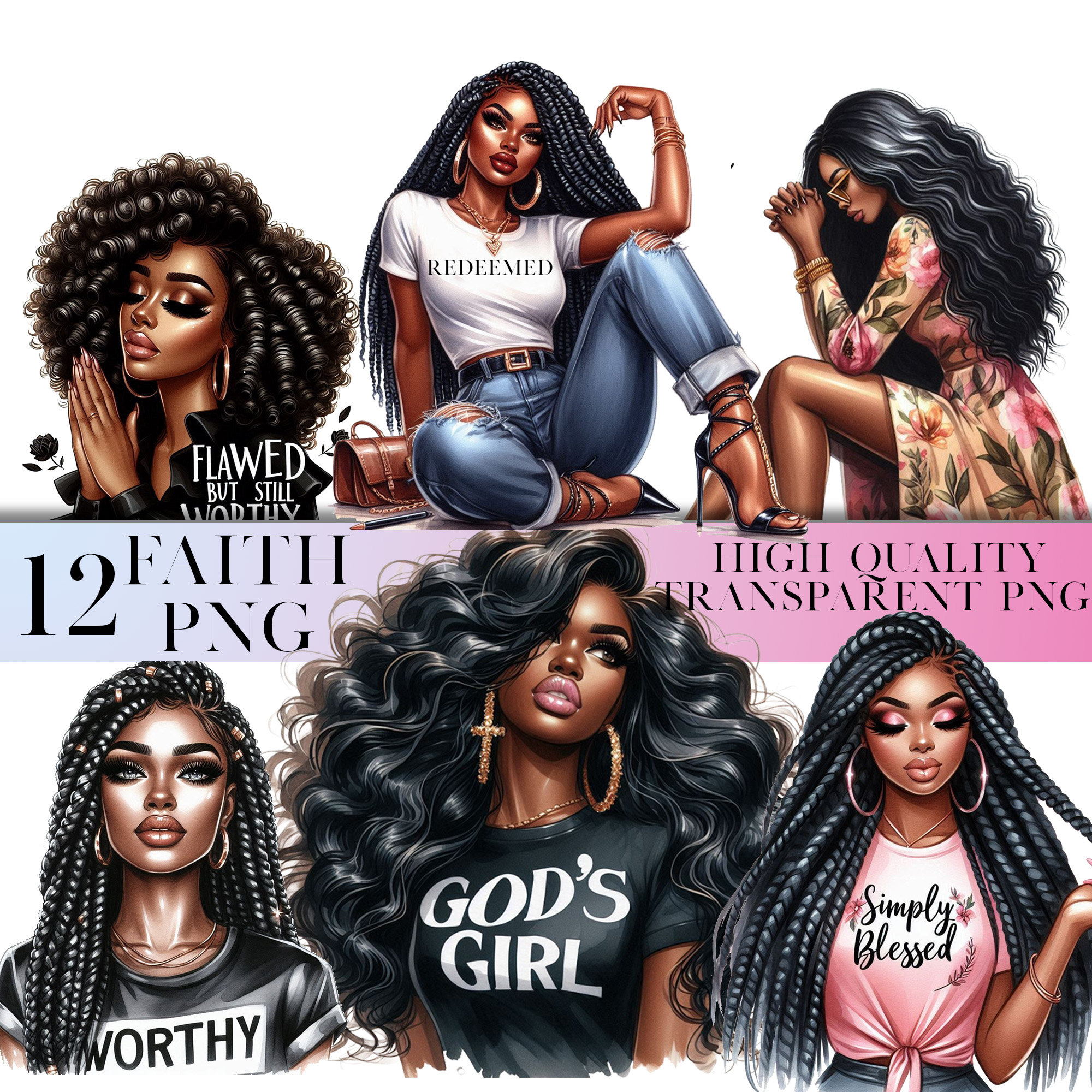 12 Black Girl Praying Clipart, Black Woman Faith Clipart, Jesus and Faith Sublimation PNG Files, African American, Black Girl Clipart Bundle