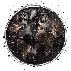 May include: A black and white illustration of the Earth with a glitter effect. The continents are outlined in gold glitter and the background is a black watercolor wash.