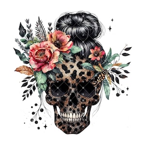 Floral Skull Sublimation File - Mug & Tumbler Designs - PNG Files - Leopard PNG File - Cute Glam Mom Life File - Cute Skeleton