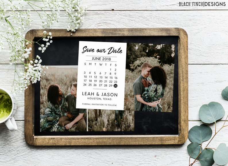 Modern Calendar Save the Date with Photo Front and Back Printable 5x7 Minimalist Announcement