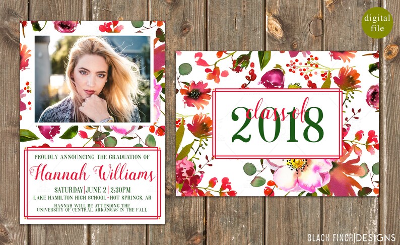 Pink Anemones Graduation Invitation and Announcement Front and Back 5x7