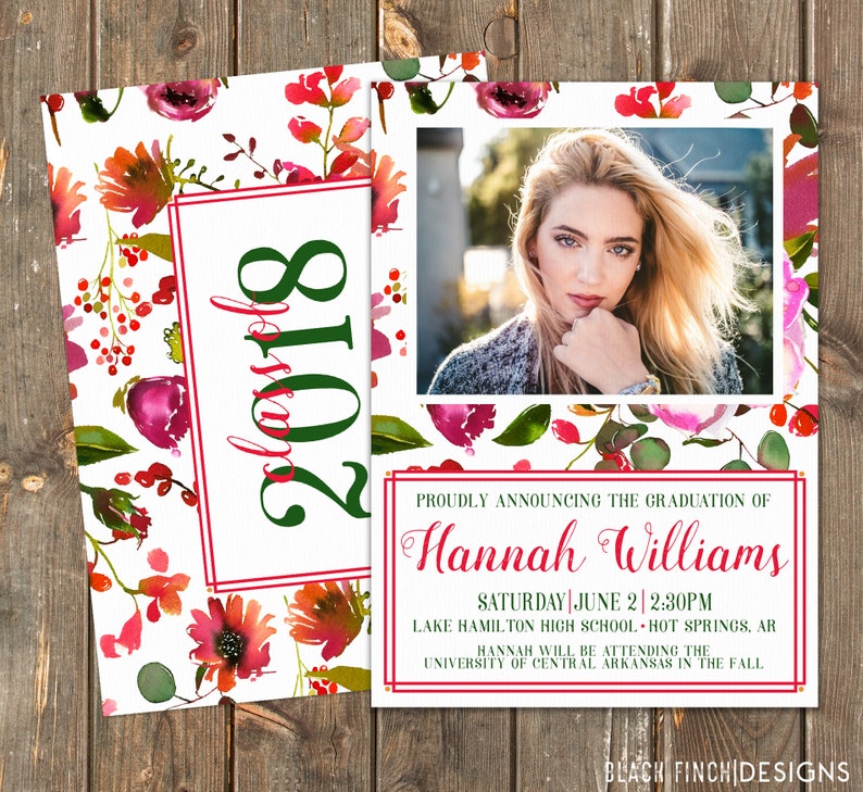 Pink Anemones Graduation Invitation and Announcement Front and Back 5x7