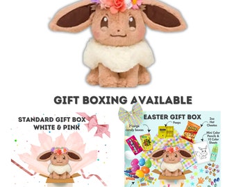 Cute Kawaii Easter Eevee with Flower Crown | Fluffy Plush Anime Stuffed Plushies| Gift Ready for Easter Basket in a Box and Birthday Box