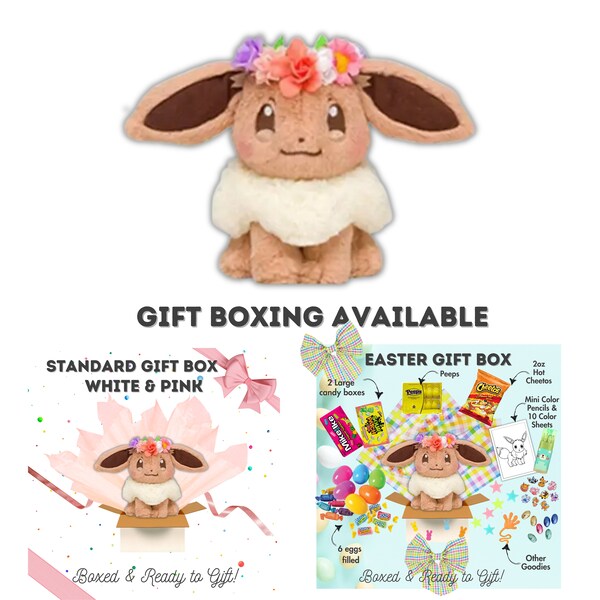 Cute Kawaii Easter Eevee with Flower Crown | Fluffy Plush Anime Stuffed Plushies| Gift Ready for Easter Basket in a Box and Birthday Box