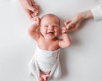 Stretchy Newborn Photography Prop Set: White Beanbag Blanket, Wrap, Hat & Tieback