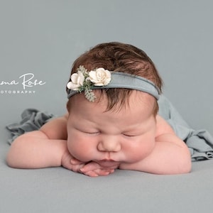 Dusty Green Newborn Photography Prop Set: Stretchy Blanket, Wrap, Hat