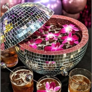 Ponchera de 30 cm con bola de discoteca, enfriador de champán con bola de espejos, decoración artesanal de los años 70, accesorio para carrito de bar, imprescindible para fiestas de verano