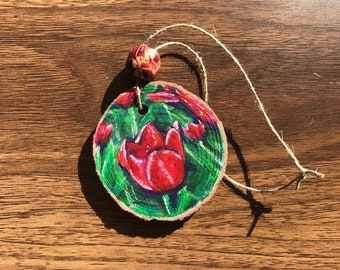 Red Tulips Hand Painted Wood Slice Ornament | Rustic Wood Ornament