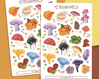 Mushrooms Sticker Sheet | Journal Stickers | Planner Stickers | Scrapbooking | Stationery | Bullet Journal | Botanical Illustration