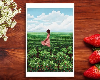 Strawberry Fields Mini Art Print | Mini Print | Digital Art Print | Cute Illustration | Whimsical Illustration | Postcard Print