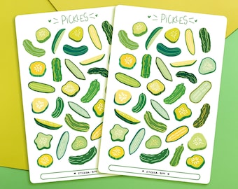 Cute Fun Flat Pickles Sticker Sheet | Journal Stickers | Planner Stickers | Scrapbooking | Stationery | Bullet Journal
