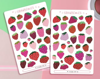 Cute Flat Multicolored Strawberries Sticker Sheet | Journal Stickers | Planner Stickers | Scrapbooking | Stationary | Bullet Journal