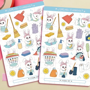Jolie feuille d'autocollants pour le ménage de printemps | Stickers pour journaux | Stickers pour agenda | Scrapbooking | Papeterie | Bullet Journal | Stickers lapins