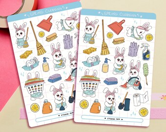 Cute Spring Cleaning Sticker Sheet | Journal Stickers | Planner Stickers | Scrapbooking | Stationery | Bullet Journal | Bunny Stickers