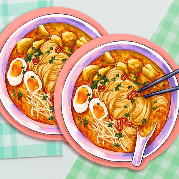 Curry Laksa Noodle Soup Die Cut Sticker | 3 Inch Stickers | Malaysian and Southeast Asian Food Stickers
