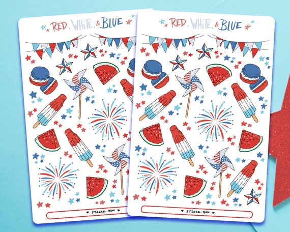 Cute Red, White, and Blue Sticker Sheet | Journal Stickers | Planner Stickers | Scrapbooking | Stationery | Patriotic Stickers