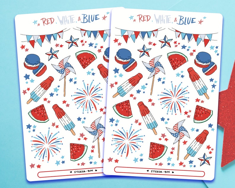 May include: Two sheets of stickers with a red, white and blue theme. The stickers feature watermelon slices, popsicles, pinwheels, fireworks and stars. The text "RED. WHITE, & BLUE" and "STICKER BUN" is printed on the sheets.