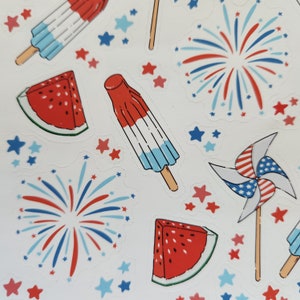 May include: A set of colourful stickers featuring watermelon slices, popsicles, fireworks, and a pinwheel. The stickers are perfect for adding a festive touch to any project.