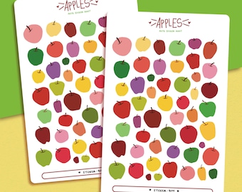 Cute Flat Multicolored Apples Sticker Sheet | Journal Stickers | Planner Stickers | Scrapbooking | Stationery | Bullet Journal
