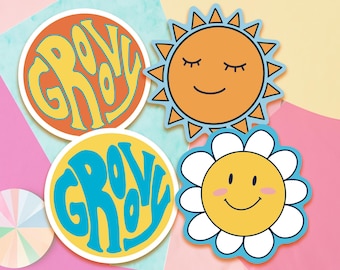 Retro 70s Aesthetic Colorful Stickers | 3 Inch Die Cut Stickers | Sun Sticker | Groovy
