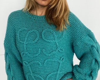 hand-knit sweater with embroidered letters oversized puff sleeve