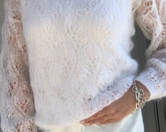 Suéter tejido a mano, jersey blanco para boda, novia, niño, mohair, calado, mangas abullonadas