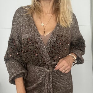 Hand knit woman cardigan with belt, with puff sleeve, with sequins, warm, stylish