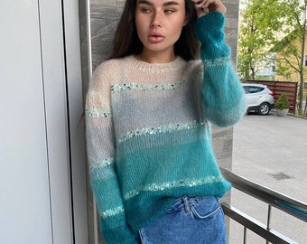 pull femme pull-over kid mohair avec rayures à paillettes accrocheur délicat doux chaud tricoté à la main fait à la main