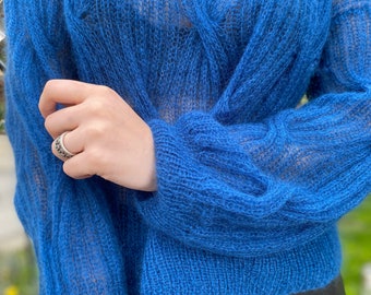 Suéter de punto a mano, jersey de mujer, manga abullonada, niño, mohair, sexual, hecho a mano