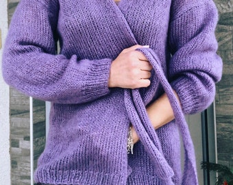 Cárdigan mujer tejido a mano kid mohair seda con cinturón