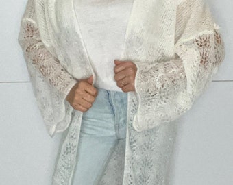 Openwork airy hand-knitted cardigan with wide sleeves, long, lightweight