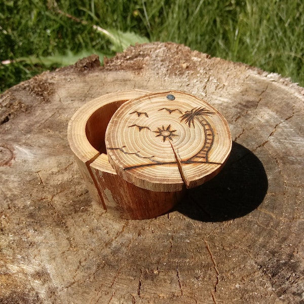 Natural Wood, Ring Box, Wood Ring Box, Jewelry Box, Trinket Box, Sea Shore, Ocean, Beach, Palm Tree, Tropical, Seagulls, Storage, Sun