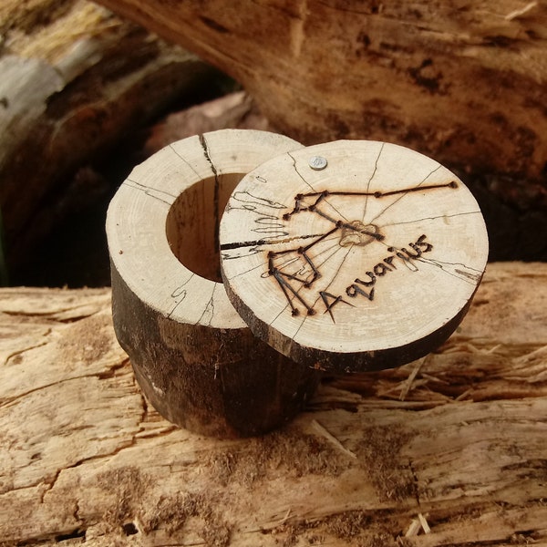 Natural Wood Ring Box, Wood Ring Box, Jewelry Box, Trinket Box, Wood-Burned, Hand Made, Constellation, Zodiac, Aquarius, Wood, Spalted, Cute